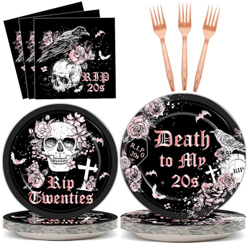 Image of Qyeahkj 100 Pcs 30th Birthday Party Supplies Death to My 20s Paper Plates and Napkins Set Disposable Black Rose Gold Rip to My 20s Tableware Decorations for Women Funeral Youth Party Serve 25 Guests