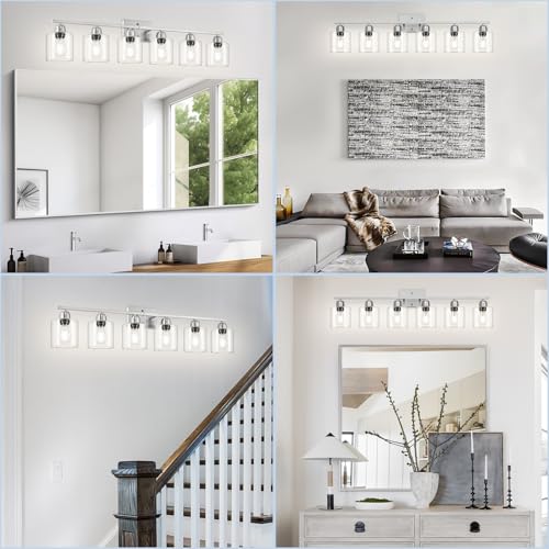 Image of Modern Brushed Nickel 6 Light Bathroom Light Fixtures,38 inch Vanity Lights for Bathroom with Clear Glass, Vanity Light for Mirror Kitchen Living Room Hallway Cabinet Porch