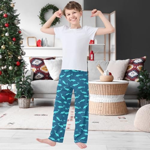 Boy's Pj Pants Sea Marina Silhuette Dolphin Blue Green Lounge Bottoms Elastic Kids Sweatpants with Pockets size 6-142