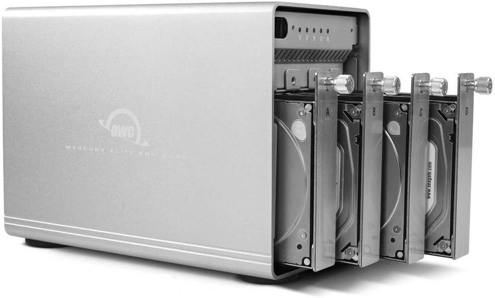 Four drive trays partially pulled out from the OWC Mercury Elite Pro Quad enclosure.