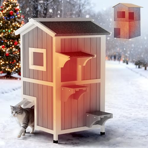 Insulated Outdoor Cat House with Insulated Liner 2 Story Weatherproof Elevated Outside Cat Shelter for Feral Multi Cat