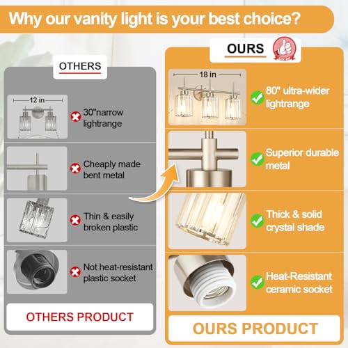 Image of 3-Light Bathroom Vanity Light Fixture, Brushed Nickel Bathroom Light with K9 Clear Crystal Shades, Modern Wall Sconce Lighting for Bathroom Mirror, Bedroom, Hallway