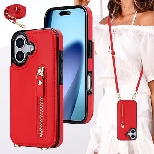 BonwFzin 適用 iPhone 17 ケース ショルダー ストラップ 背面 フリップ 紐付き クロスボディ アイホン 17 スマホケース 手帳 アイフォン17ケース RFID防止 肩がけ 首掛け 斜め掛け 小銭入れ ファスナー型 ストラップ付き カード スタンド カード入れ レッド