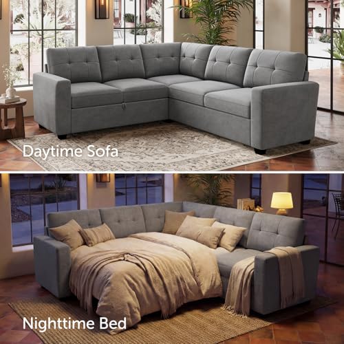 Image of HONBAY 5-Seater U-Shaped Sectional Sleeper Sofa with Pull-Out Bed, Pet-Resistant Fabric Sectional Couch for Living Room, Grey