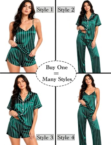 Image of SWOMOG Womens Silk Satin Pajamas Sets 4pcs Sleepwear Sexy Cami Shorts Set and Button Down Short Sleeve Pjs Loungewear