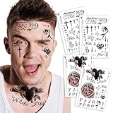 4 Sheets Cosplay Hip-Hop Temporary Face and Body Tattoos – Rapper-Inspired Fake Tattoo Stickers for Men, Women and Kids – Realistic Waterproof Tattoos for Cosplay, Halloween, Parties