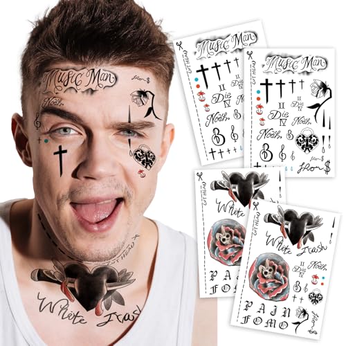 4 Sheets Cosplay Hip-Hop Temporary Face and Body Tattoos Rapper-Inspired Fake Tattoo Stickers for Men Women and Kids Realistic Waterproof Tattoos for Cosplay Halloween Parties