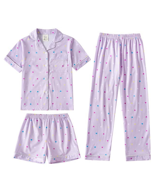 MyFav Girls Pajama Sets 3pcs Button Down Short Sleeve Top Shorts & Long Pants With Cute Patterns SleepwearNighty For Teens