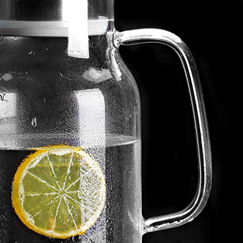 Cupwind 55 oz Glass Pitcher with Stainless Steel Lid, Hot/ Cold Water Carafe with Handle, Juice and Ice Tea Pitcher