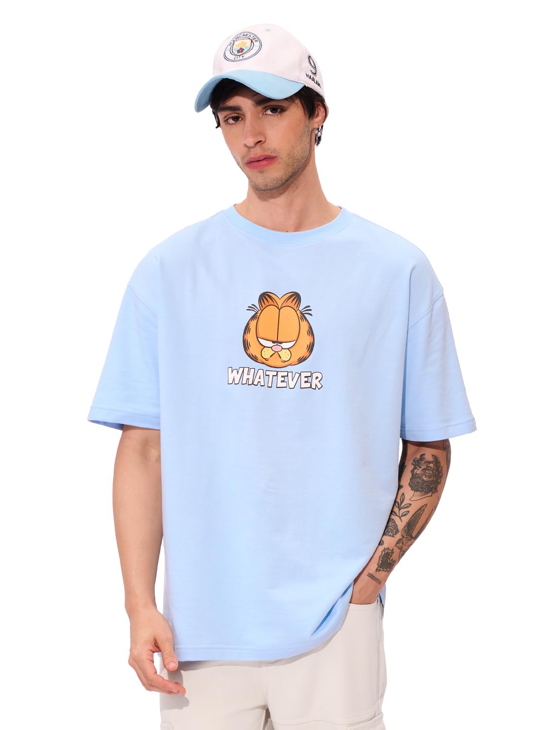 Garfield: Don't Care Men and Boys Short Sleeves Round Neck Blue Graphic Printed Cotton Oversized T-Shirts-image-35