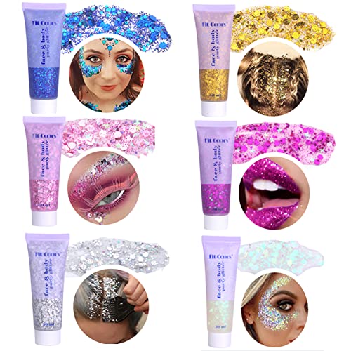6 Pcs Holographic Chunky Sparkling Body Glitter Gel, Waterproof And Long Lasting Shimmer Liquid Glitter Makeup For Body, Face, Nail, Hair, Lip, Eye（White,Gold, Silver, Pink, Purple, Blue） #TOP4