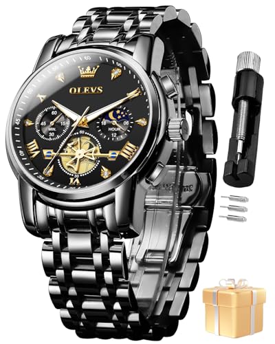 Image of OLEVS Watch for Man Analog Quartz Skeleton Chronograph Diamond Watches Stainless Steel Moon Phase Calendar Waterproof Dress Watches