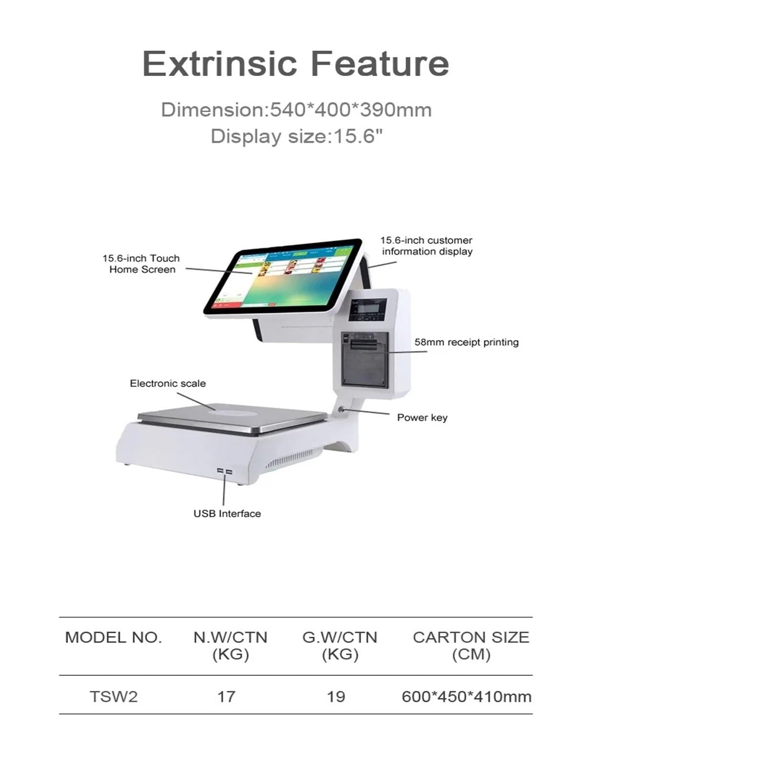 Registratori di cassa, Display informativo a doppio touch screen da 15,6 pollici. Registratore della bilancia for contanti con terminale Smart Pos