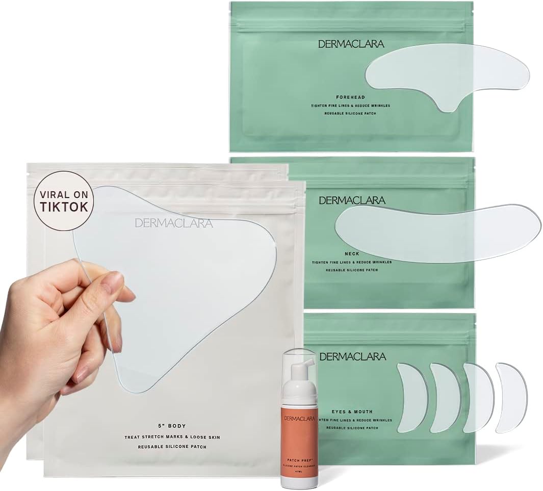 DermaclaraFace Patches Kit - Anti Wrinkle Patches for Forehead, Smile Lines, Silicone Anti-Wrinkle Reusable Pads, Up to 30 Uses - 1 Forehead, 4 Eye & Mouth, 1 Neck, 2 Chest & 1 Patch Prep Cleanser