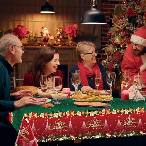 Image of 3-Piece 54 x 108 Inch Merry Christmas Plastic Tablecloth - Red and Green Design with Christmas Tree Holiday Decorations, Disposable Rectangle Table Cover for Xmas Party Supplies, Indoor Outdoor Decor