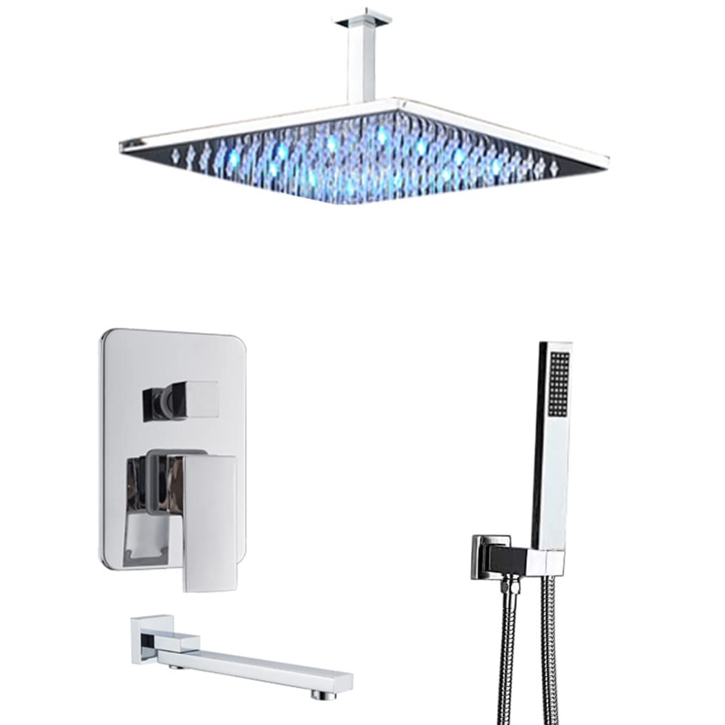 CWCQGH Shower System Concealed Shower Mixer Taps Set Wall Mounted Chrome Shower Faucet Set with Hand Shower and LED Rainfall Shower Head,16 I