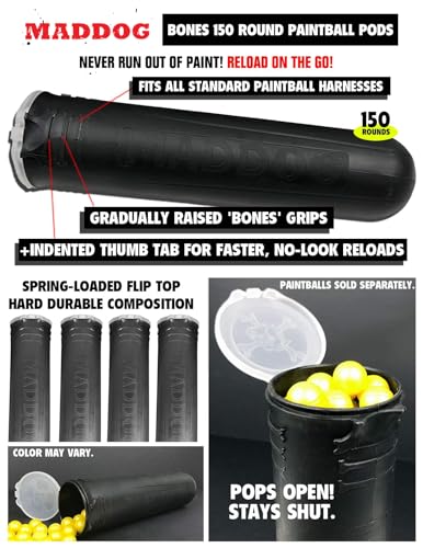 Maddog Pro 4+3 Paintball Harness Pod Pack with (4) 150 Round Bones Paintball Pods | Pod Ejection | Adjustable Belt for Tournament, Woodsball & Speedball
