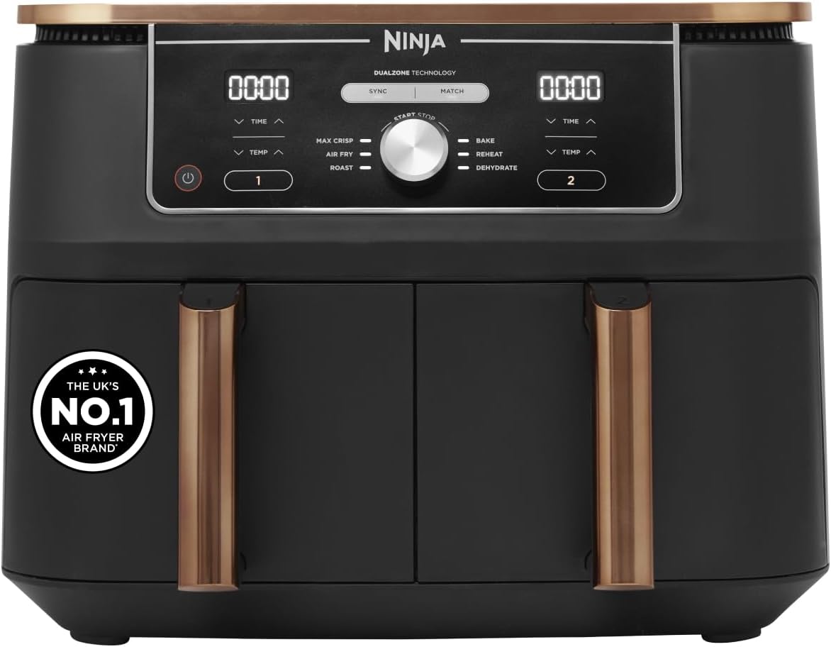 Ninja Foodi MAX Dual Zone Air Fryer, Amazon Exclusive, Tongs, 2 Drawers, 9.5L, 6-in-1, Use No Oil, Air Fry, Max Crisp, Roast, Bake, 8 Portions, Nonstick Dishwasher Safe Baskets, Copper/Black AF400UKCP