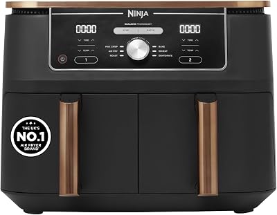 Ninja Foodi MAX Dual Zone Air Fryer, Amazon Exclusive, Tongs, 2 Drawers, 9.5L, 6-in-1, Use No Oil, Air Fry, Max Crisp, Roast, Bake, 8 Portions, Nonstick Dishwasher Safe Baskets, Copper/Black AF400UKCP