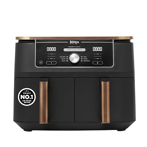 Ninja Foodi MAX Dual Zone Air Fryer, Amazon Exclusive, Tongs, 2 Drawers, 9.5L, 6-in-1, Use No Oil, Air Fry, Max Crisp, Roast, Bake, 8 Portions, Nonstick Dishwasher Safe Baskets, Copper/Black AF400UKCP - 9.5L - Dual Drawer - Black/Copper
