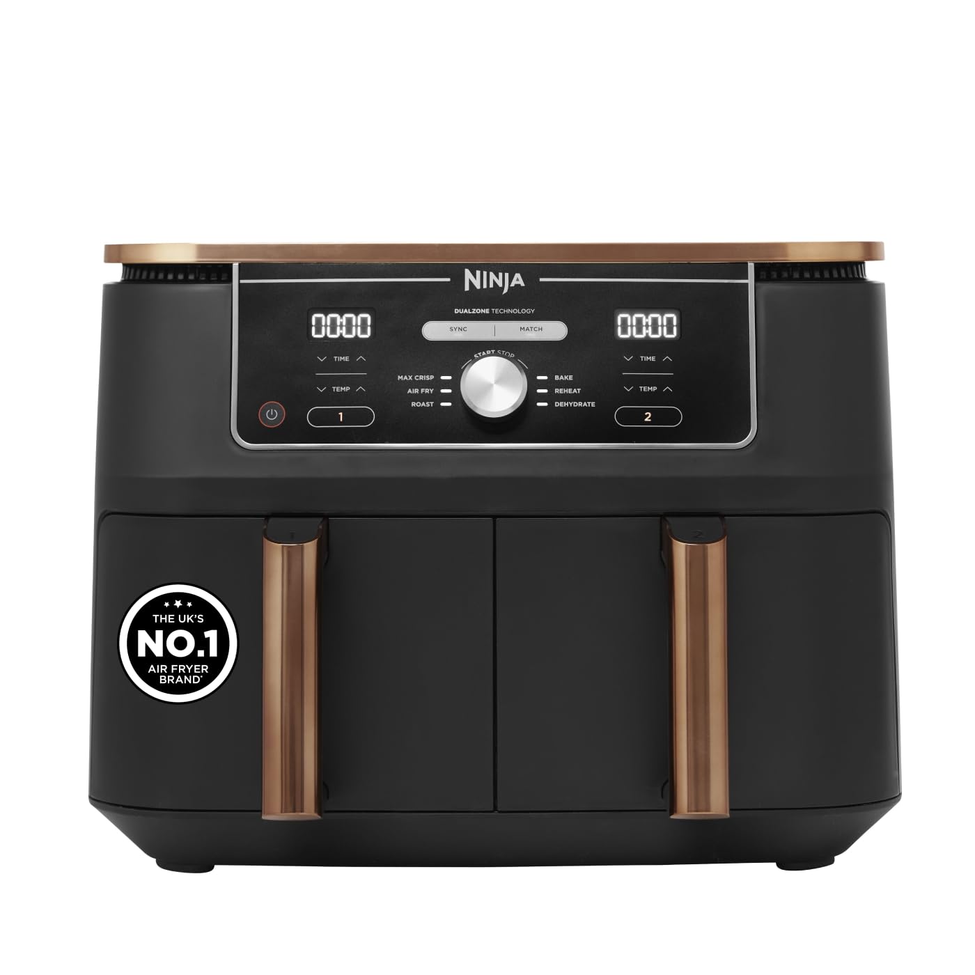 Foodi MAX Dual Zone Air Fryer, Amazon Exclusive, Tongs, 2 Drawers, 9.5L, 6-in-1, Use No Oil, Air Fry, Max Crisp, Roast, Bake, 8 Portions, Nonstick Dishwasher Safe Baskets, Copper/Black AF400UKCP