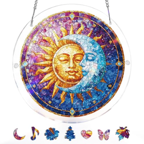 WOODBESTS Acrylic Jigsaw Puzzle Suncatcher 83 Pieces-Sun and Moon in Harmony DIY Acrylic Puzzle Sun Catcher Window&Garden Decor Unique Gifts for Mom Women Wife Sisters Aunt Besties 7.4in