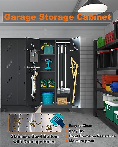 Image of Metal Storage Cabinet with Lock, 71 inch Garage Storage Cabinets with Hanging Rod & S-Hooks, Large Storage Cabinet, Locking Tool Utility Closet, Black