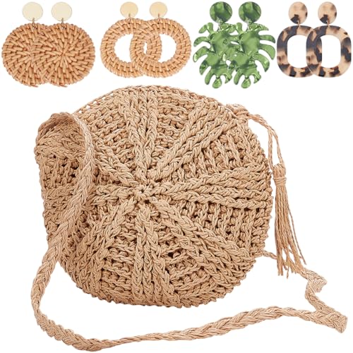 Beebeecraft 4 Pairs Rattan Earrings Set Dark Straw Shoulder Bag for Women Leopard Dangle Acrylic Earring Woven Clutch Handbag Crossbody Vacation Beach Accessories