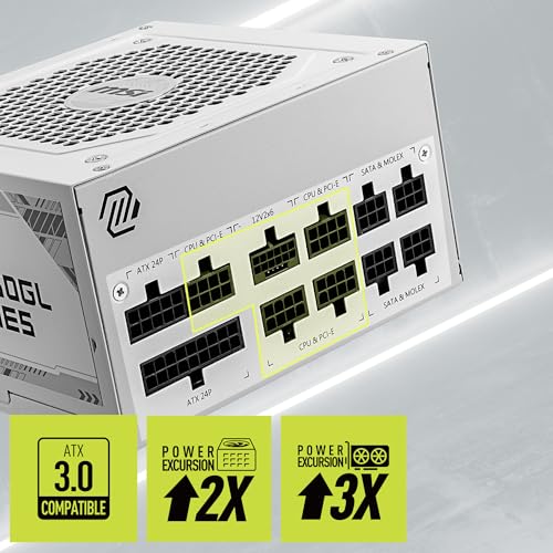 Image of MSI MAG A850GL PCIE5 White Power Supply Unit, 850W, 80 Plus Gold, Fully Modular, ATX 3.0, PCIe 5.0 GPU Support, 120mm FDB Fan, Full-Bridge LLC, Flat Black Cables - 7 Year Warranty