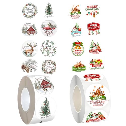 1000PCS Merry Christmas Stickers, Christmas Stickers, Round Self-Adhesive Holiday Labels for Envelope Sealing & Party Decoration, Festive Christmas Card Making Supplies(2 Rolls)