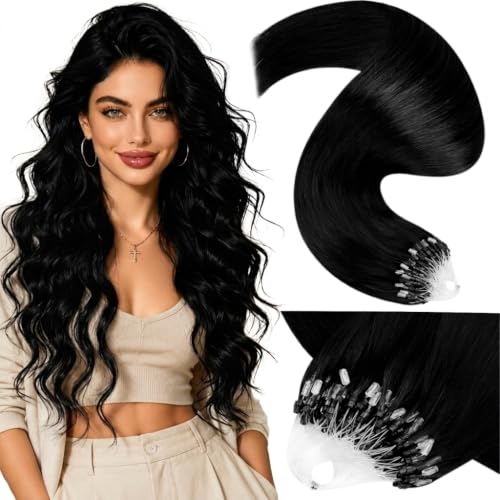 LaaVoo Microlink Hair Extensions Human Hair Jet Black 20inch Microbead Hair Extension Real Human Hair Micro Link Extensions Black Straight Hair 50gs 50g
