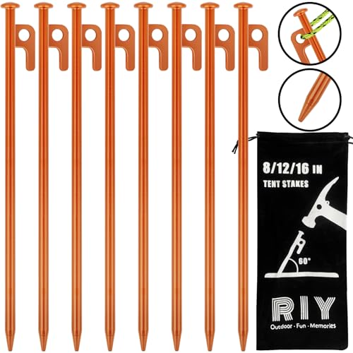 Image of 8 Pack Tent Stakes Heavy Duty 12 inch Steel Tent Pegs for Camping Unbreakable and Inflexible-Orange