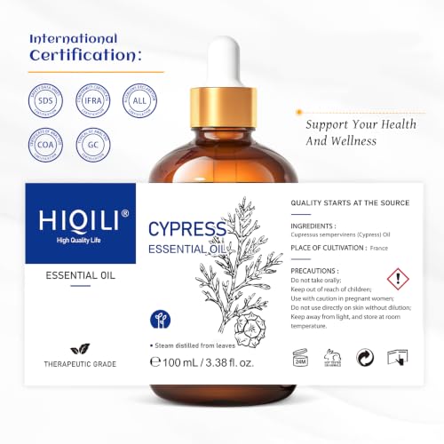 Image of HIQILI Cypress Essential Oil for Diffuser, Humidfier, Skin Care | Aromatherapy, DIY soap and candle, relaxing mood, include 10ml travel bottle - 100ml / 3.38 Fl Oz