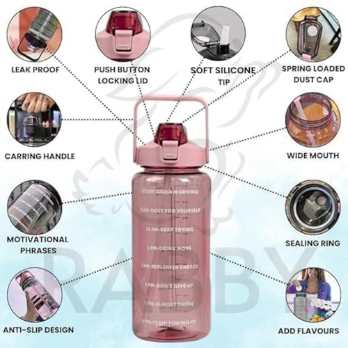 Image of RABBY 2L Motivational Water Bottle for Kids & School Use | Time Marker, BPA-Free, Leakproof Straw Lid, Carry Strap | Plastic Water Bottle for Travel, Sports, Gym, Office (Pink 1Pcs)