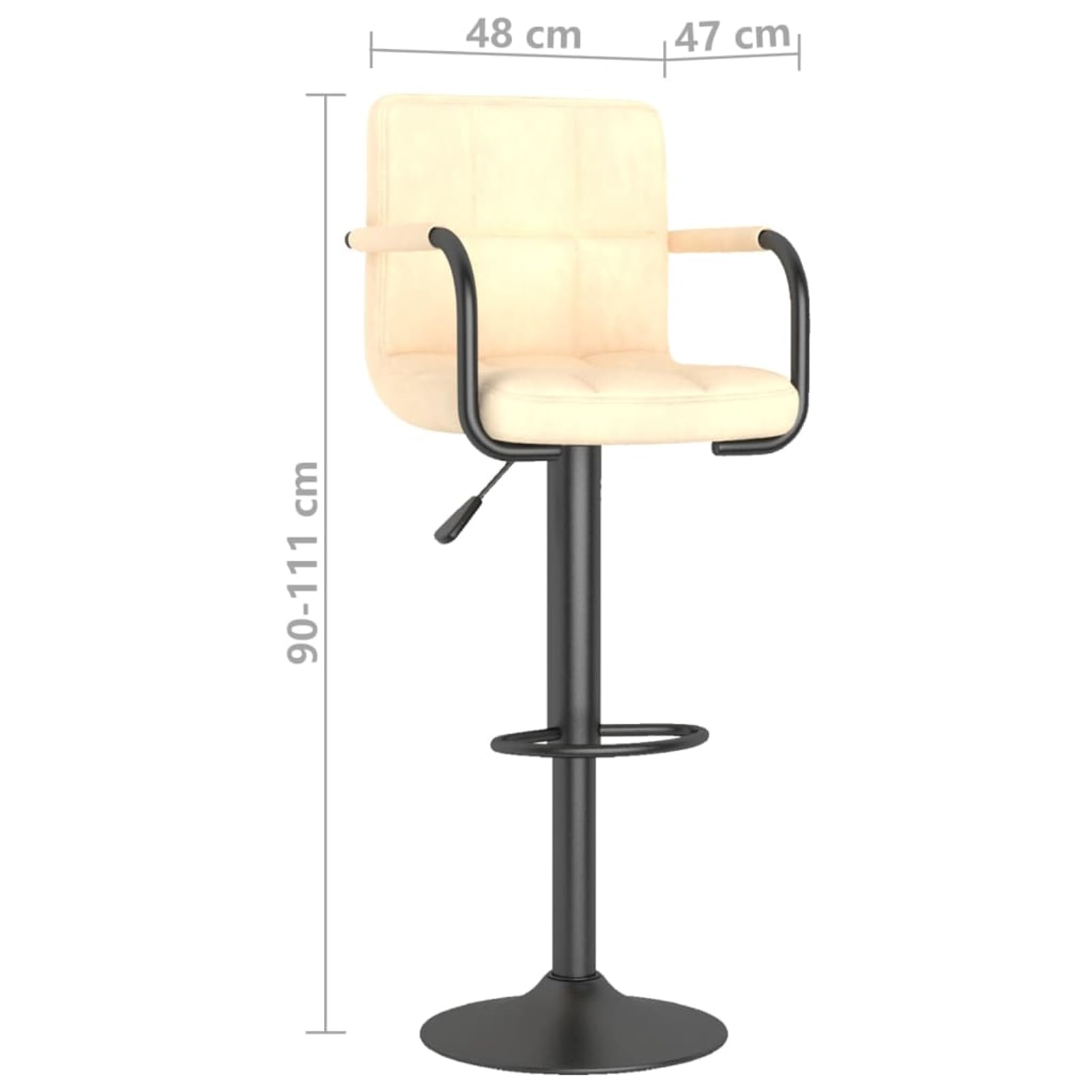 Taburete de bar de terciopelo crema con resorte de gas, altura regulable (90 – 111 cm), giratorio 360°, reposapiés, reposabrazos, marco de acero pulverizado, para bar y comedor