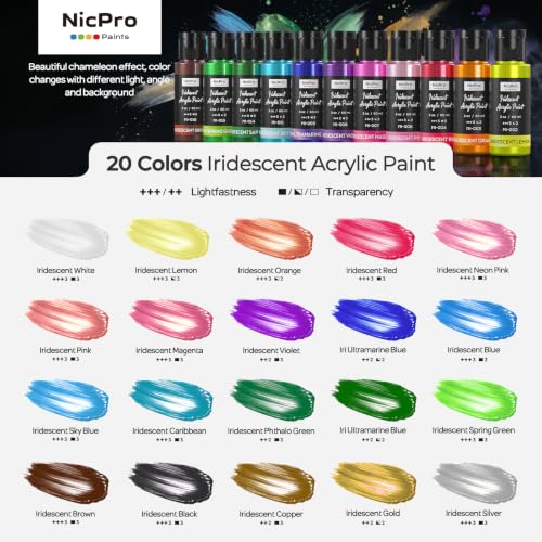 Image of Nicpro 20 Colors Iridescent Acrylic Paint Set,2oz Chameleon Metallic Paint | Color Shifting Glitter Craft Paint, Non-Toxic DIY Art Painting Supplies,Paint Kit for Canvas Rocks Wood Glass Ceramic Fabric
