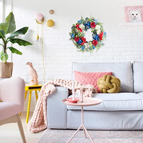 18 Inch Patriotic Forth Of July Roses Eucalyptus And Hydrangea Flowers For Front Door And Wall, Memorial Day Independence Artificial Flowers Wreath For Indoor, Spring Summer Door Wreath #TOP5