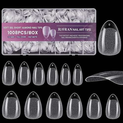 1008pcs Short Almond Shaped Nail Tips Half Matte Full Cover