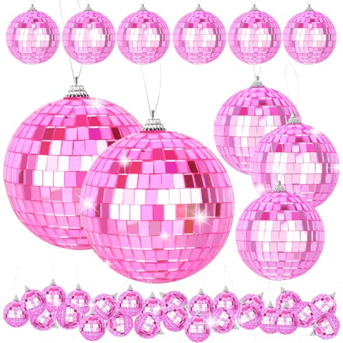41 Pcs Small Pink Mirror Ball, Hanging Disco Ball Ornaments for Disco Theme Party Cake Topper, Christmas Tree, Wedding Party Backdrop, Birthday Decor Supplies(4/3/2/1.2 Inch)