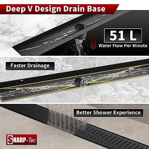 Image of Sharp-tec 36 inch Linear Shower Drain, Black Rectangular Floor Drain, V-Shape Design Drain Channel, 304 Stainless Steel, cUPC Certificated for Bathroom Shower Room (Drain Base is Not Included)