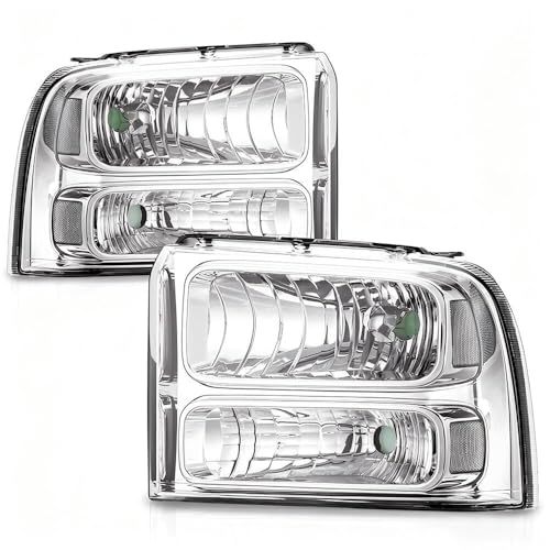 PIT66 Headlights Assembly Compatible with 2005-2007 Ford F250 F350 F450 F550 Super Duty/ 2005 Excursion,(Not Fit Sealed Beam Headlight model) Headlamp Clear Lens Chrome Housing Clear Reflector