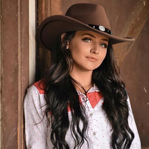 Image of DRESHOW Women Men Classic Felt Wide Brim Western Cowboy & Cowgirl Cap Belt Buckle Retro Panama Hat Unisex Rolled up Caps