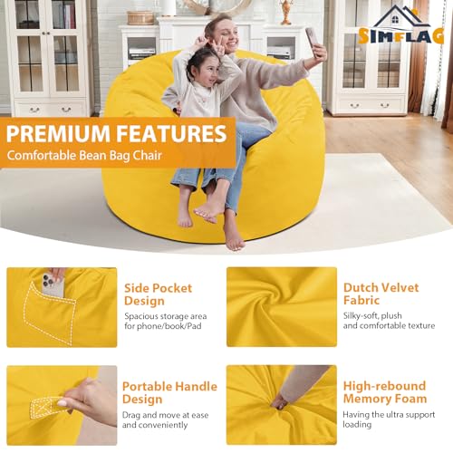 3FT Bean Bag Chair, Comfy Bean Bag Chairs with Memory Foam Filled, Fluffy Beanbag Sofa with Dutch Velvet Cover, Round BeanBag Chairs for Living Room, Playroom - Lemon