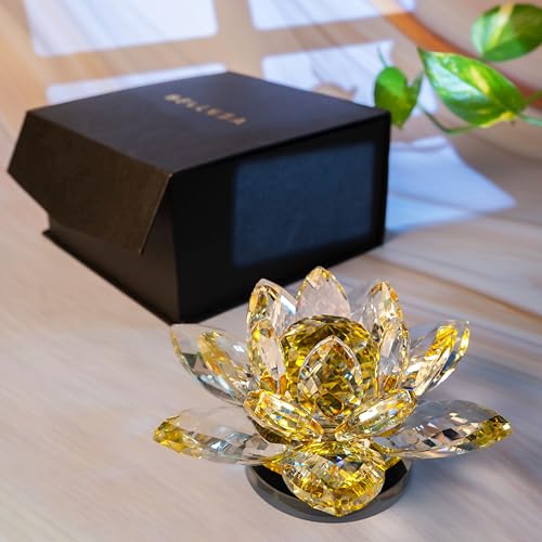 Image of Feng Shui Crystal Lotus Flower Showpiece & Paper Weight | Vastu Decor for Home & Office | Desk Decoration | Feng Shui Items for Good Luck, Wealth & Gifting | Yellow (Large-12.5 x 6.5 CM)