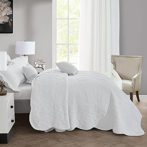 Image of Oversized Queen Bedspread, Stitched Paisley Cotton Quilt Set Queen, Lightweight Reversible Coverlet, Scalloped Edge - Clean Classic Look, 5 Piece, Pure White