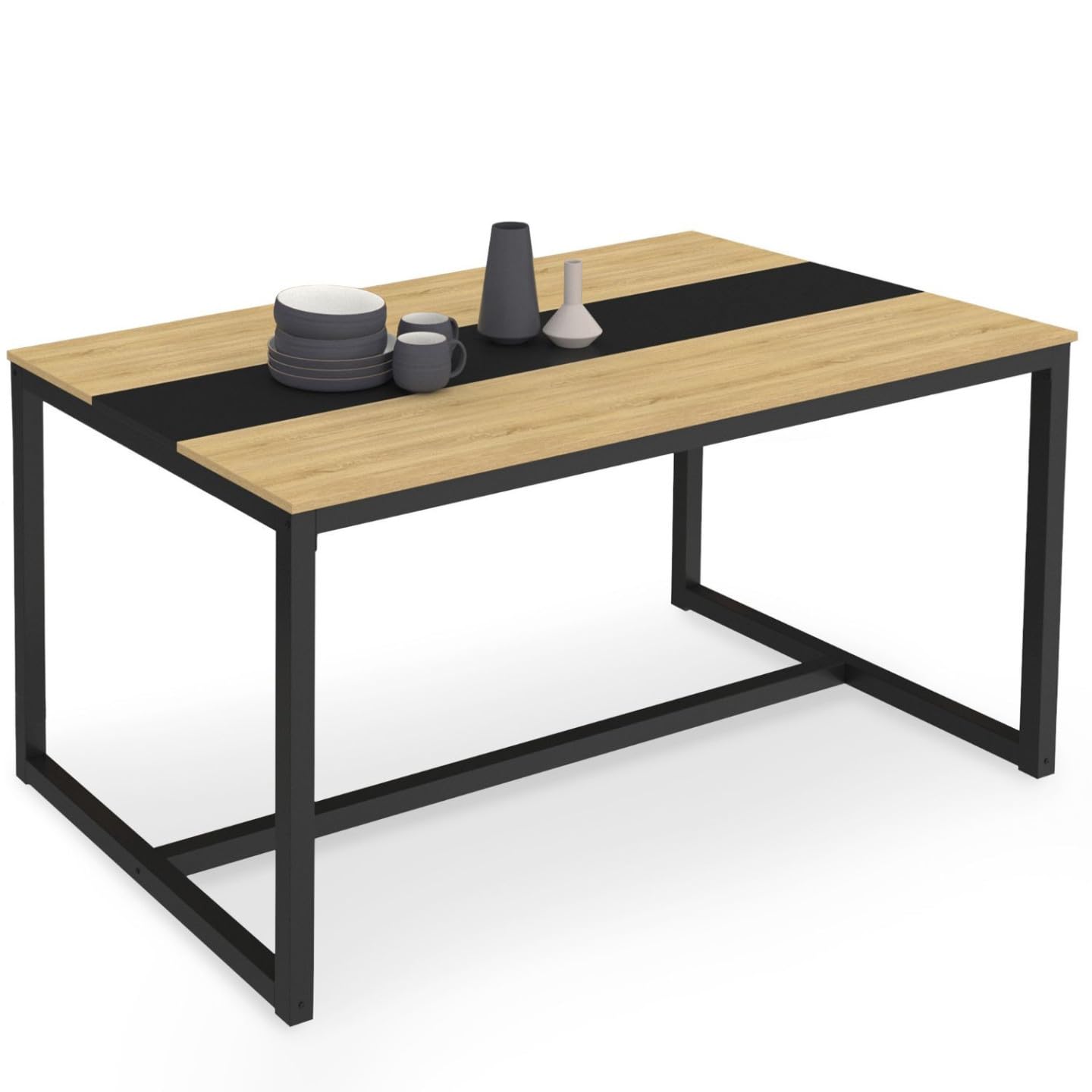 IDMarket - Mesa de comedor rectangular Dover 8 personas con banda central negra, diseño industrial, 150 cm