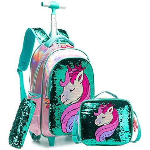 HTgroce Kids Girls Backpack Magic Reversible Sequin Trolley Bag Girls Boys School Bag Children's Backpack Rolling Backpack with Wheels School Rucksack with Lunch Box Unicorn Green Cover