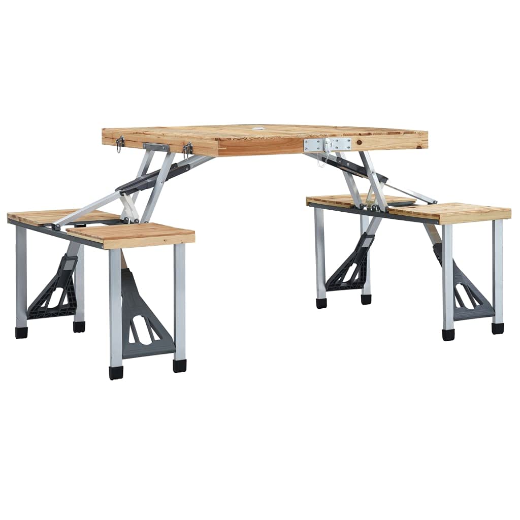 Klappbarer Campingtisch mit 4 Sitzen Stahl Aluminium | Tannenholz Tischplatte, Schirmloch, Koffer-Design für einfachen Transport, tragbar für Garten und Camping