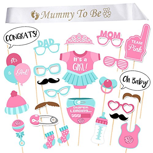 InnoBase Babydusche Mummy to Be Satin Schärpe Babyparty Baby Shower Masken Foto Booth Props Fotorequisiten Neugeborene Baby Dame Deko partydekoration Set (It's a Girl)