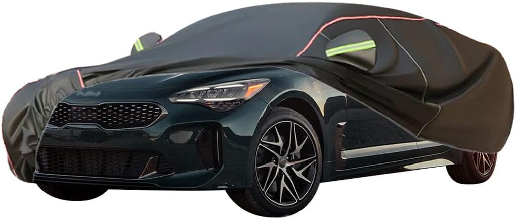 WOLWES Car Cover are Suitable for Kia Stinger All-Weather Windproof, Snowproof, Rainproof, UV-Protected and Breathable All-Season Universal with Side Door Zip Oxford Cloth Car Cover (Color : Black)